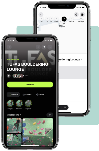 Two smartphones displaying different screen views of a bouldering gym app, with gym names, gallery options, and a gym map. One phone shows the gym's name, TUFA'S BOULDERING LOUNGE, with options for gallery, events, and walls. The other phone displays a star rating, Glasgow location, and a map of the gym's climbing routes with numbered sections.