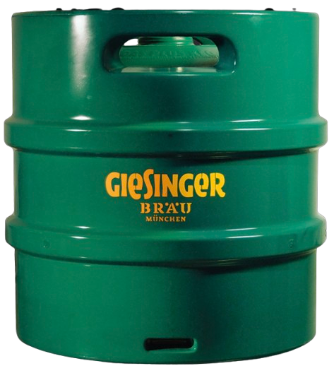 Ein gruner Bierfass mit gelber Beschriftung "Giesinger Brau München".