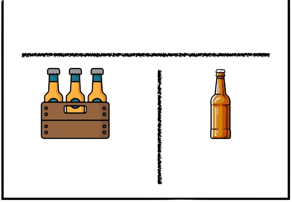 Zeichnung mit drei Bierflaschen in einem Tragerand auf der linken Seite und einer einzelnen Bierflasche auf der rechten Seite.