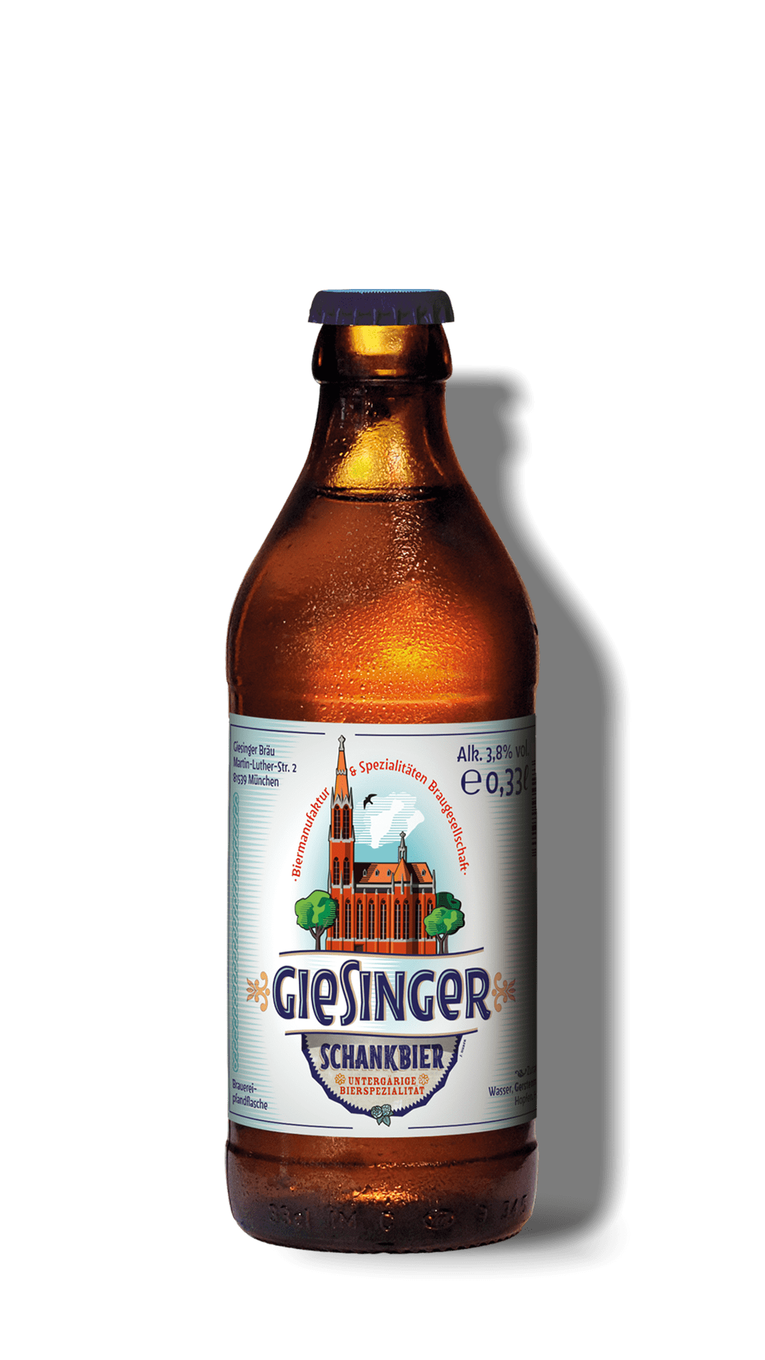 Eine braune Bierflasche mit einem weißen Etikett, das ein Kirchengebäude und den Namen "Giesinger Schankbier" zeigt.