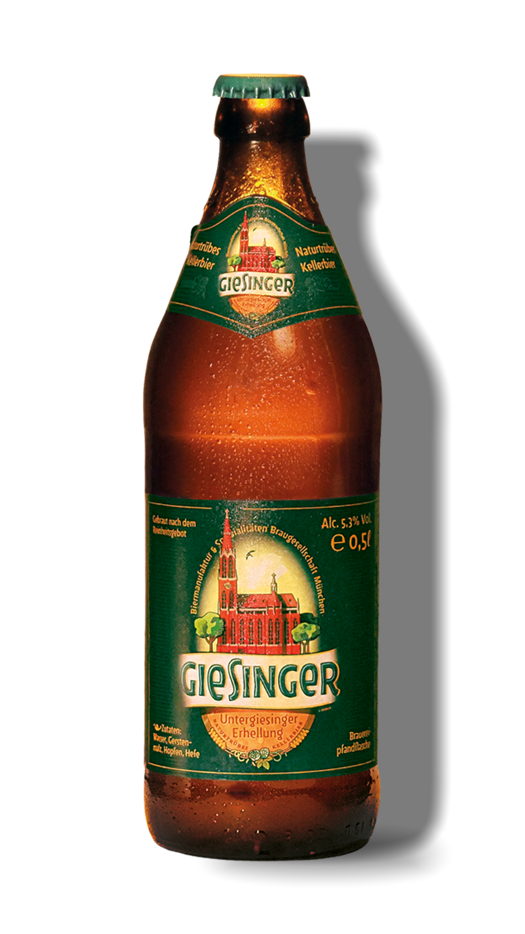 Eine Flasche Giesinger Untergiesinger Erhellung Bier mit grüner Etikette, die ein rotes Kirchenbild zeigt und Wassertröpfchen auf der Oberfläche hat.