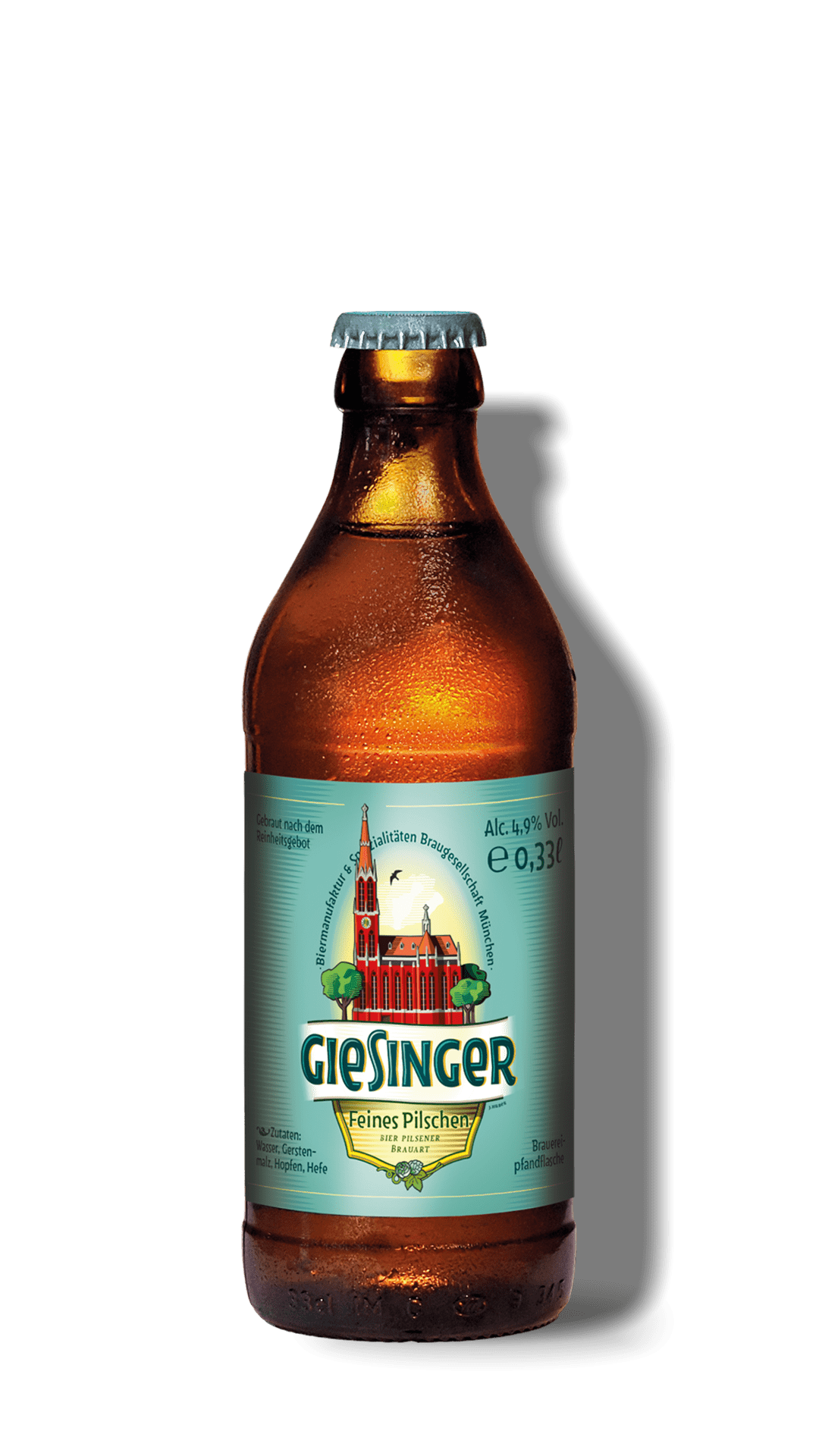 Bierflasche mit blauem Etikett und rotem Gebäude, das auf dem Etikett abgebildet ist, namens Giesinger, deutsches Bier