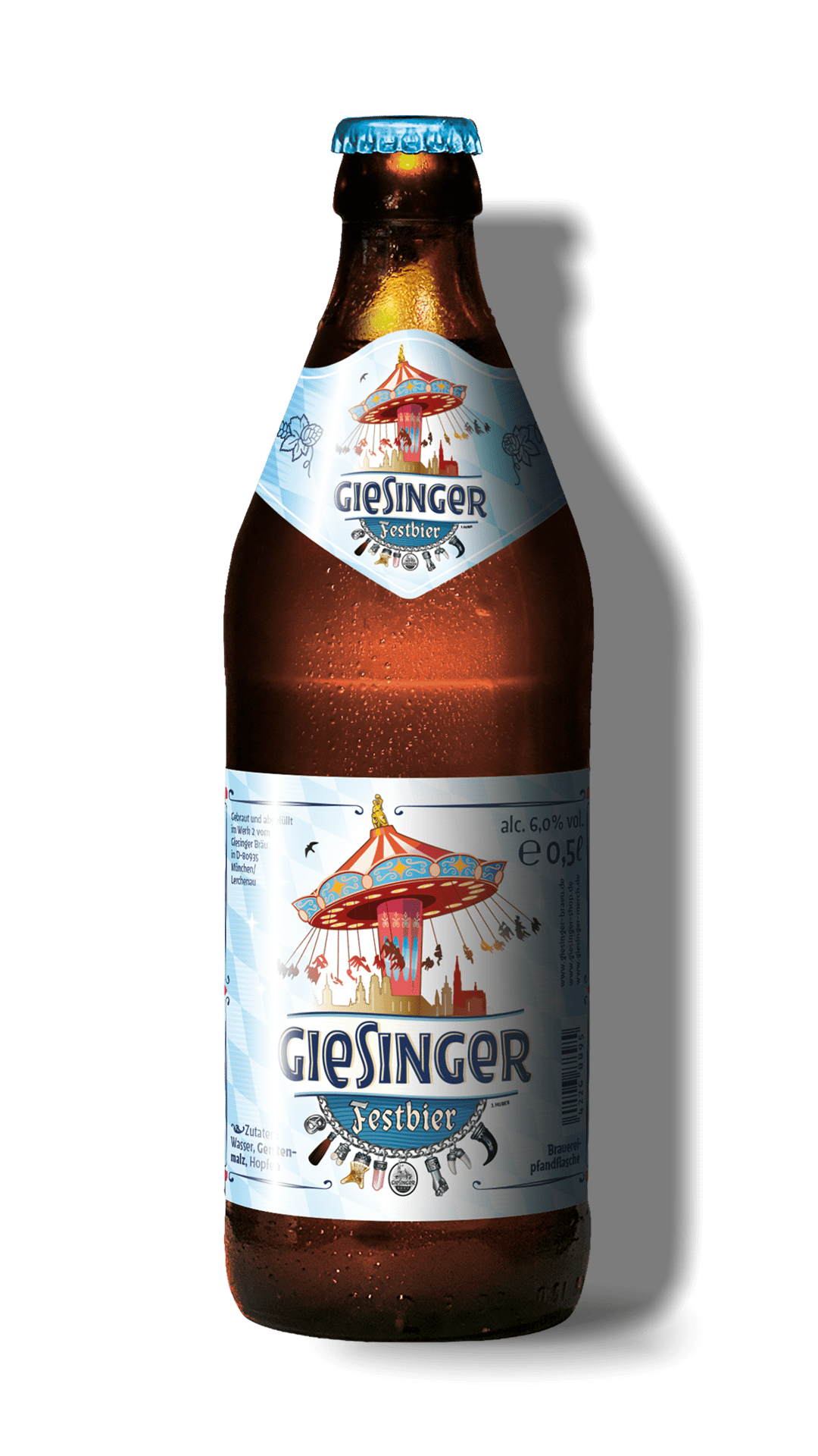 Broschüre Giesinger Festbier, ein alkoholfreies Bier mit 6,0 % Vol. Alkoholgehalt, in einer braunen Flasche mit einer bunten Etikette, die ein Karussell zeigt, abdeckend mit einem blauen Kronenkorken.