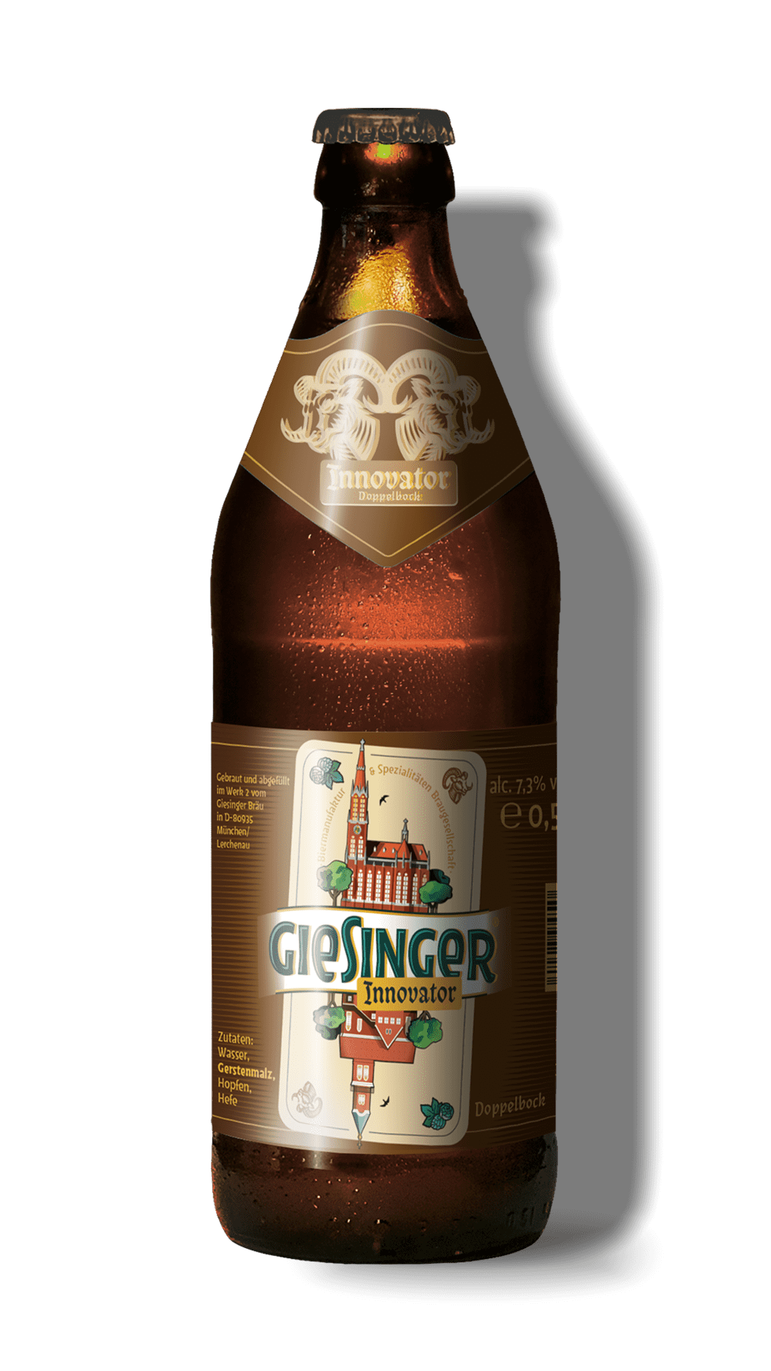 Bierflasche mit Giesinger Innovator-Label, braune Glasflasche mit goldener, schwarzer und weißer Etikette, zeigt ein Gebäude und Biene. Enthält Zutatenangaben, Alkoholgehalt 7,3%, Volumen 0,33 Liter.