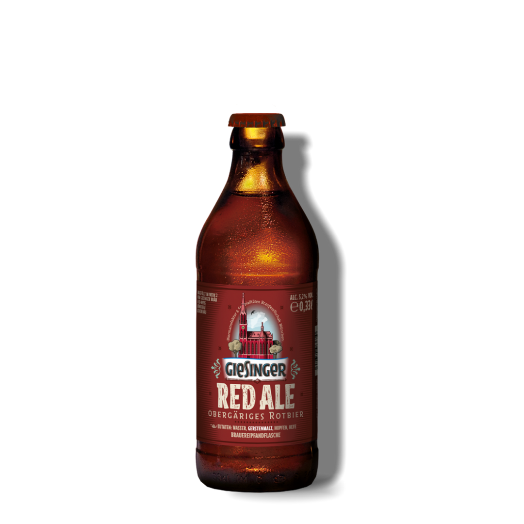 Bierflasche mit rotem Etikett, Logo und Text in deutscher Sprache, dunklem Hintergrund, embossingeffekt