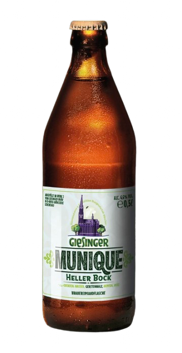Bierflasche mit Etikett, das eine Kirche und den Text "Giesinger Munique Heller Bock" zeigt.