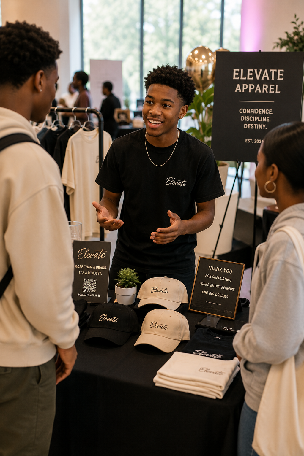 Young man at a booth promoting Elevate Apparel, showing hats and T-shirts with Elevate logo, talking to two visitors at the event.