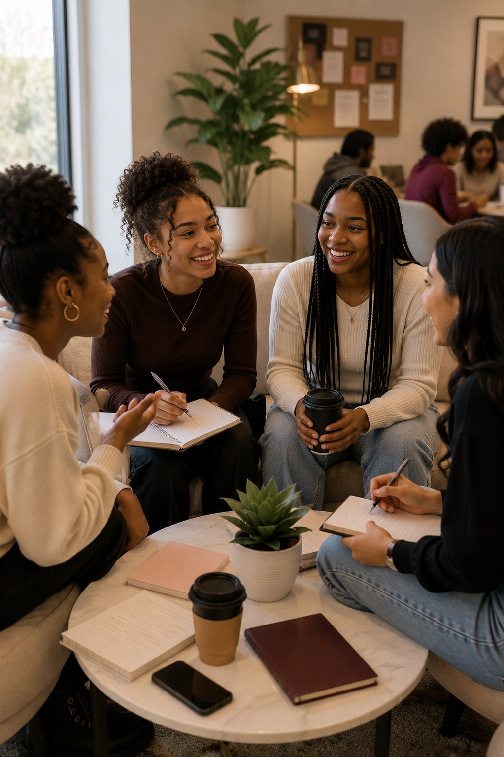 Group of diverse women having a lively discussion in a cozy, modern office or cafe, with notebooks, coffee cups, and a potted plant on a round table.