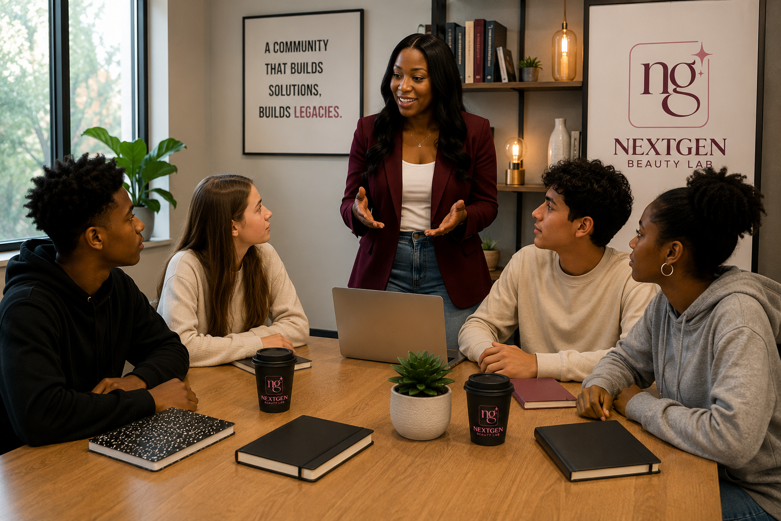 A woman in a burgundy blazer standing and speaking to four young adults sitting at a wooden table in a modern office meeting room. The room has a plant, notebooks, coffee cups, and posters on the walls. The posters display the phrases 'A community that builds solutions, builds legacies' and 'NextGen Beauty Lab.'