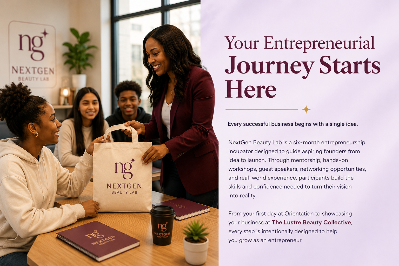 A woman in a maroon blazer is handing a tote bag to a smiling young woman in a beige hoodie, with two other young women sitting at the table in the background in a bright, modern office space with large windows. The tote bag and notebooks on the table are branded with 'NEXTGEN BEAUTY LAB' and there is a sign on the wall with the same logo.