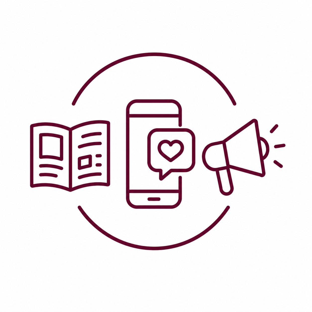 Line drawing of a book, a smartphone with a heart message, and a megaphone, all enclosed in a circle.