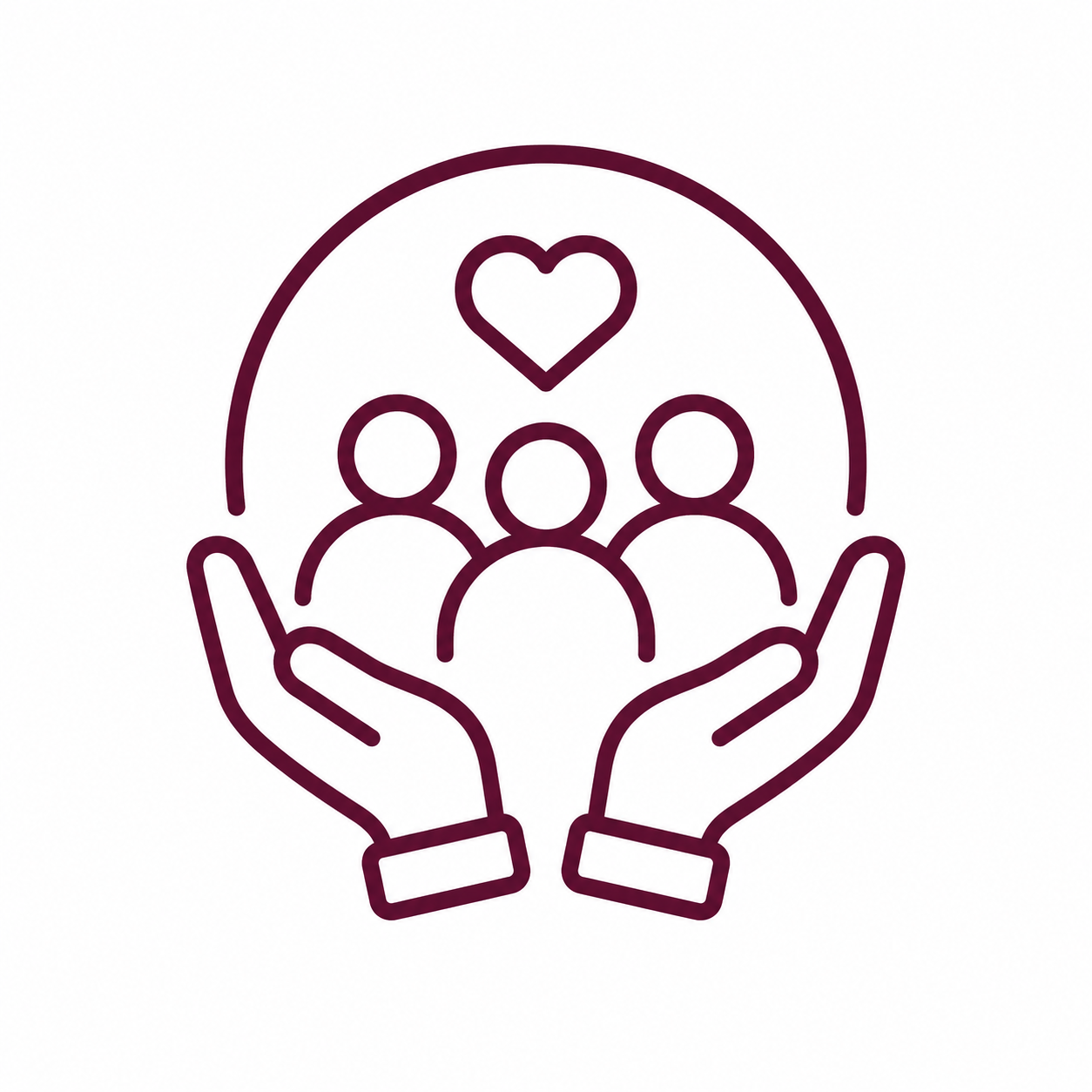 Outline of hands holding a group of three people with a heart above.