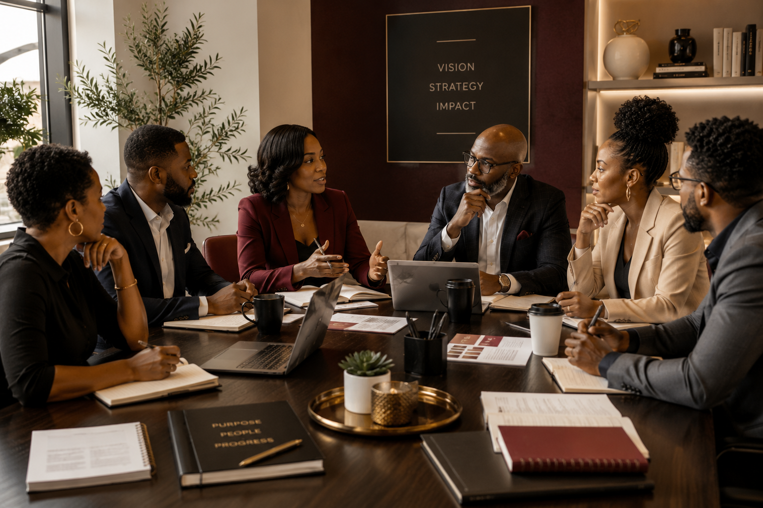 A diverse group of six professionals are having a business meeting in a modern office conference room. They are seated around a dark wooden table, engaged in discussion. The room has large windows, plants, and decorative shelves. On the wall behind them is a framed poster with the words 'Vision, Strategy, Impact.' The table has notebooks, laptops, coffee cups, and a decorative tray with a plant.