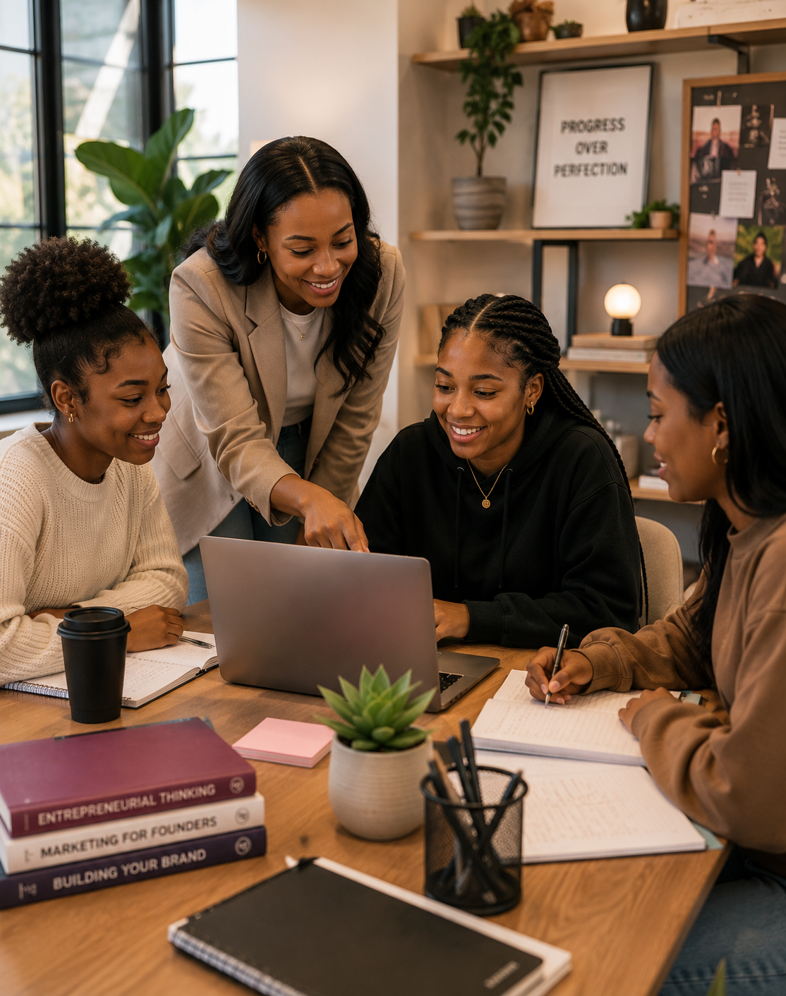 Group of four women gathered around a laptop in a modern office, smiling and engaging in a discussion, with books, notebooks, and a plant on the table.