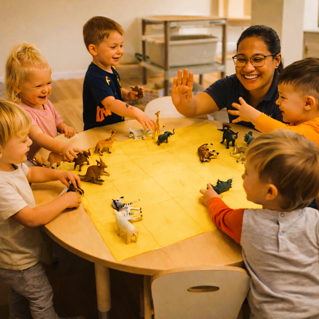 Toddlers exploring animals together with a BEL educator
