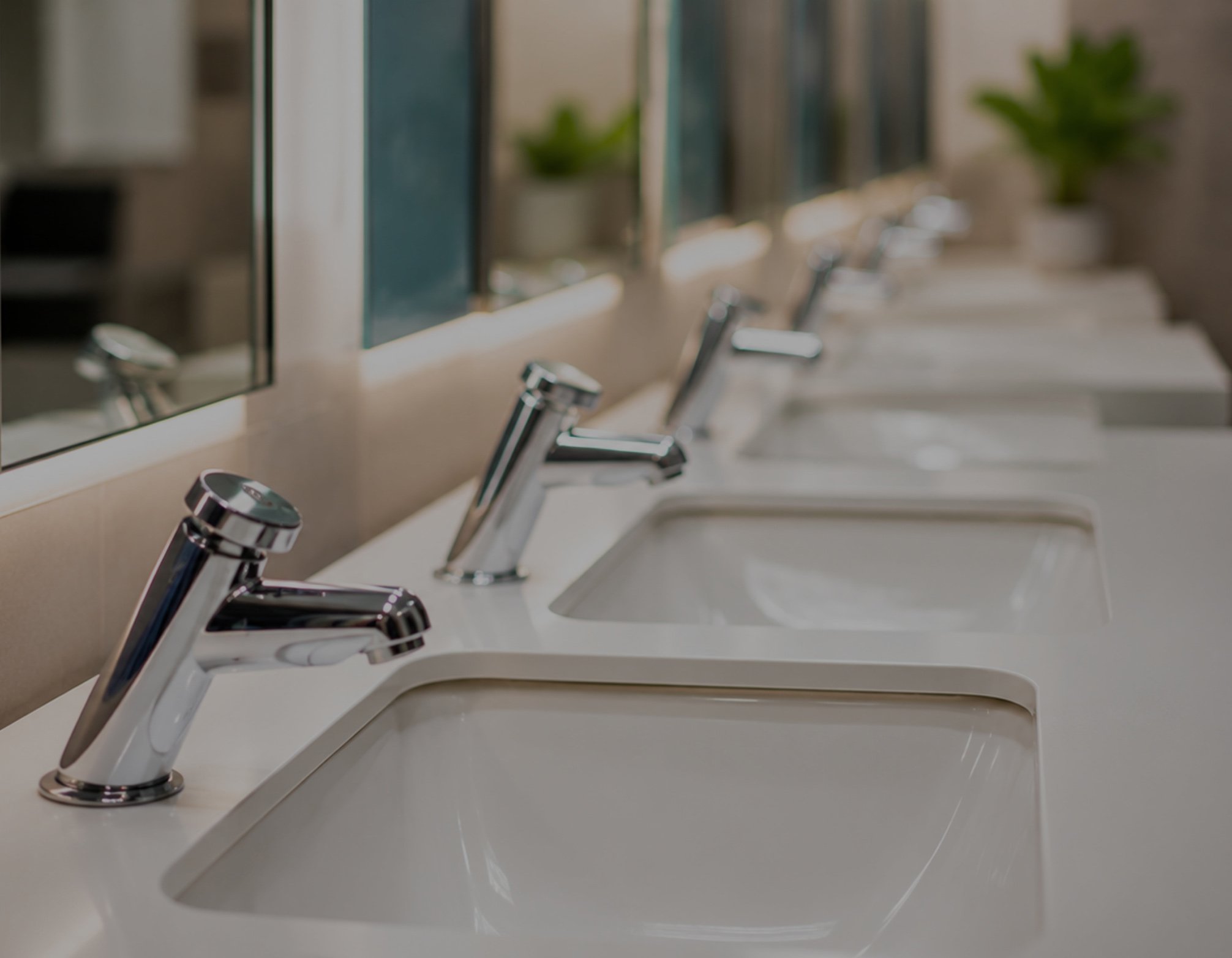 A row of white sinks in a public bathroom at Home+ McGraths Hill.