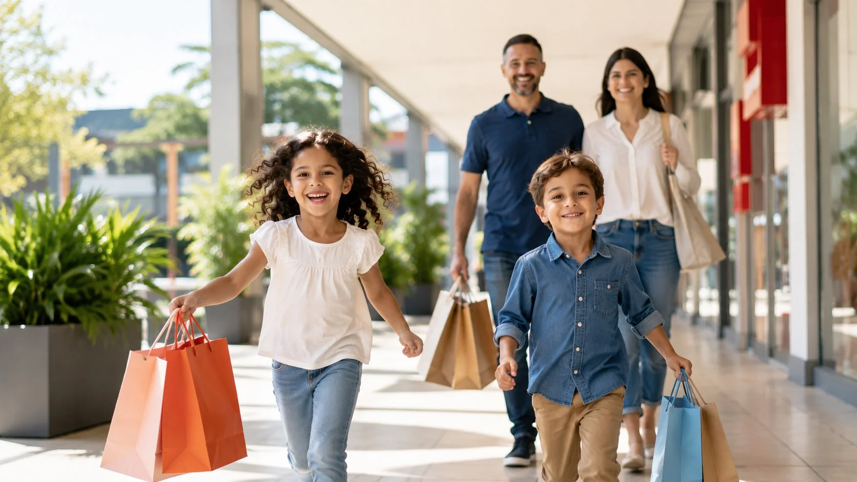 A happy family of four shopping outside Home+ McGraths Hill, carrying shopping bags and walking together.