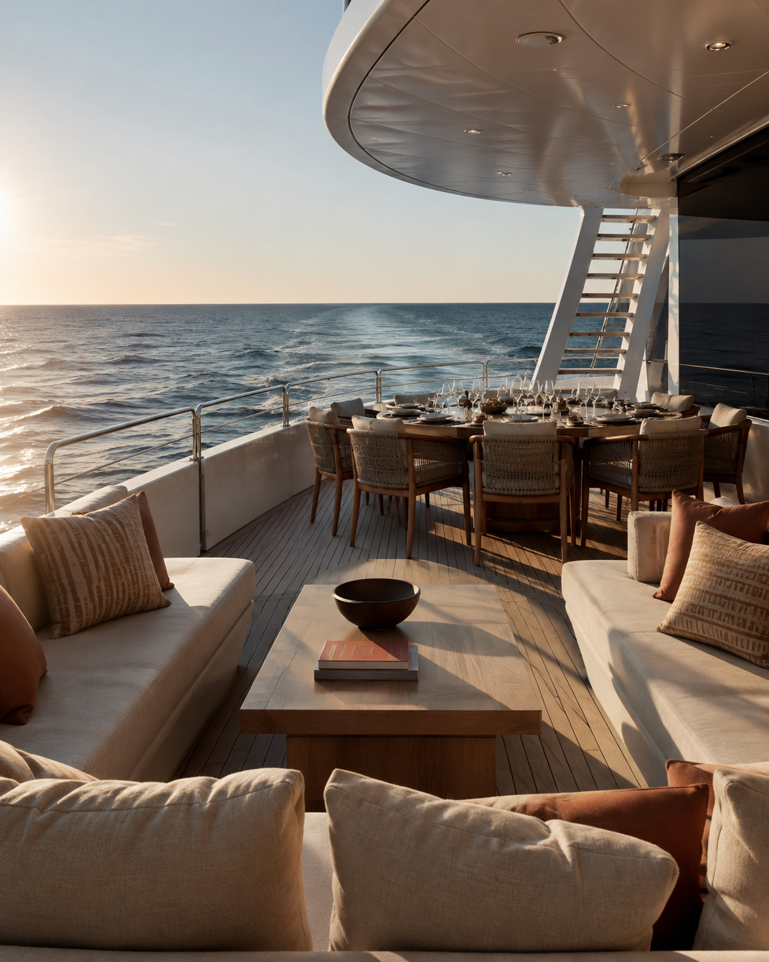 Private yacht deck with outdoor dining, cushioned seating, and ocean views at sunset