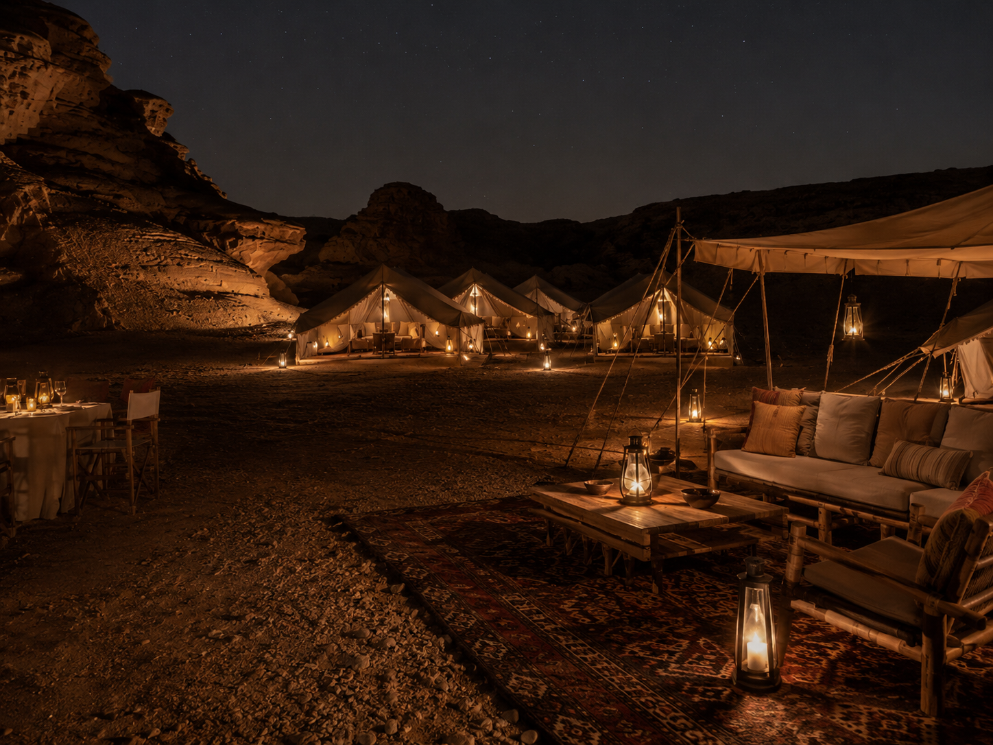Luxury desert camp with illuminated tents, lanterns, outdoor seating, and rocky hills beneath a night sky.