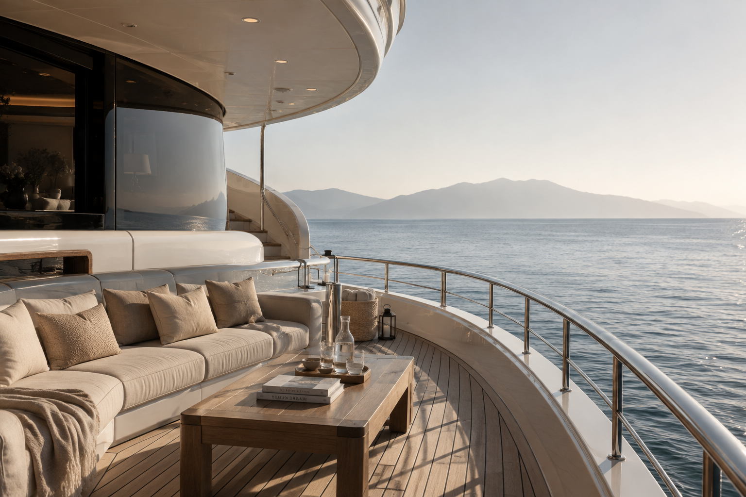 Private yacht deck with outdoor seating, cushions, books, and calm ocean views at sunset