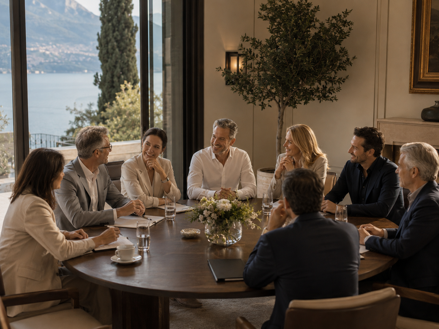 Leadership group gathered around a conference table in a bright room with lake and mountain views