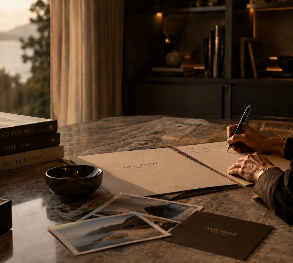 Person writing at a marble desk with books, photographs, stationery, and design materials for a private experience.