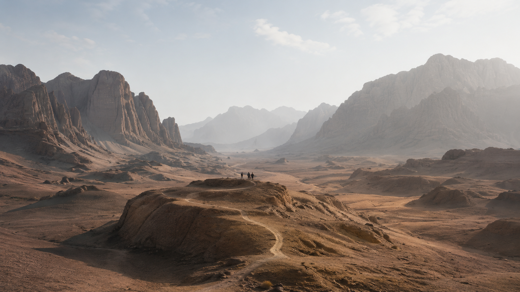 Small group walking through a vast desert landscape with rocky formations and distant mountains