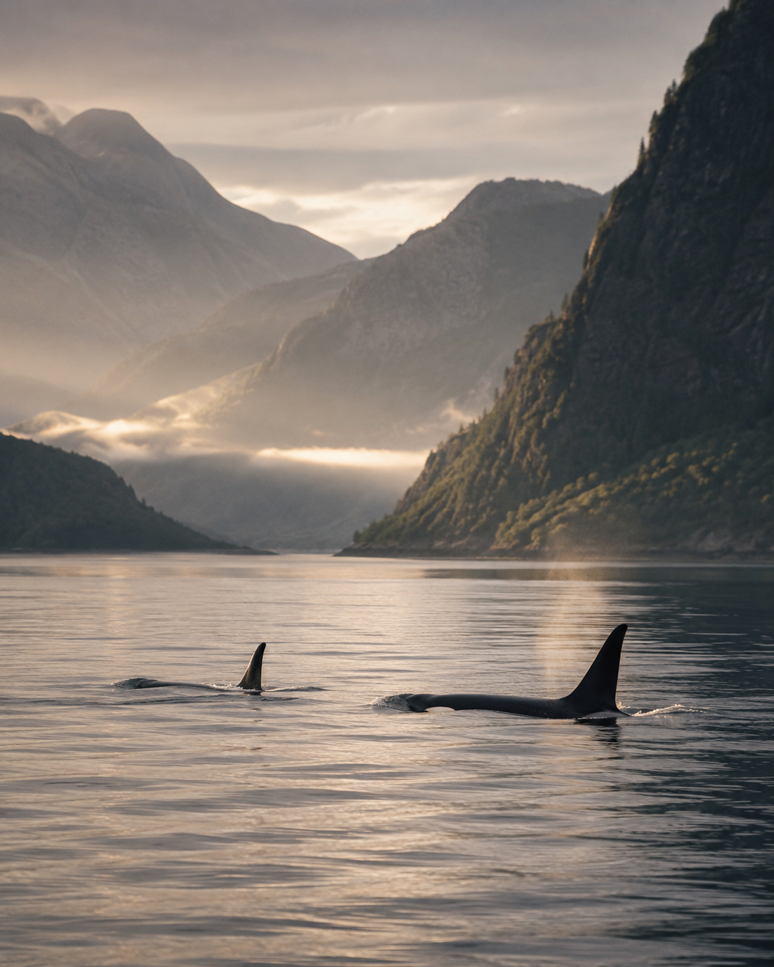 Two orcas swimming in a calm fjord surrounded by steep mountains in soft natural light