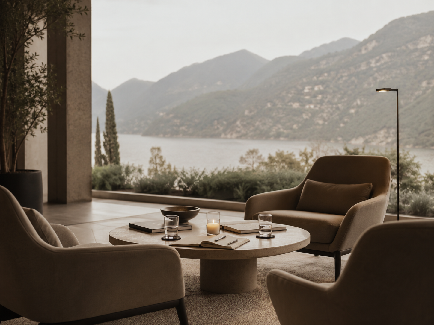 Quiet living room with armchairs, a round coffee table, and lake and mountain views