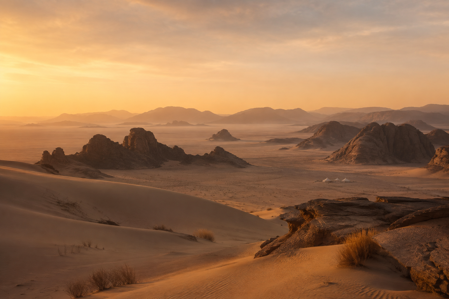 Desert landscape with sand dunes, rocky formations, and distant mountains at sunset