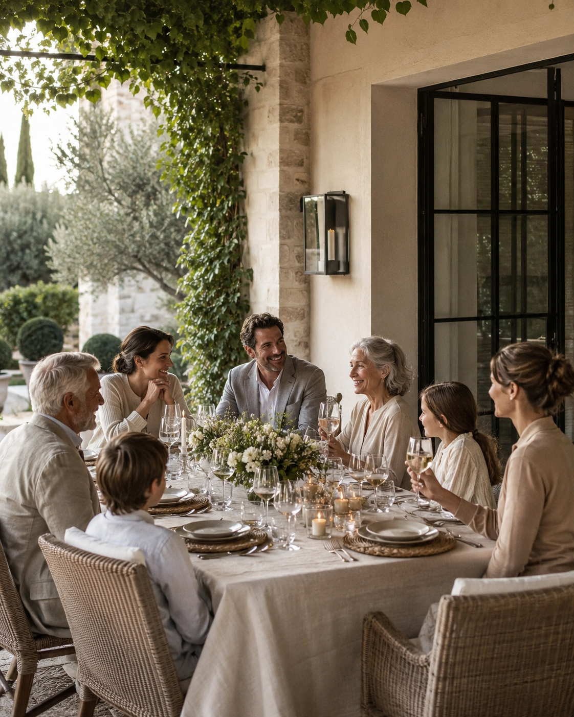 Family gathered around an outdoor dining table with flowers, wine glasses, and a warm celebratory setting
