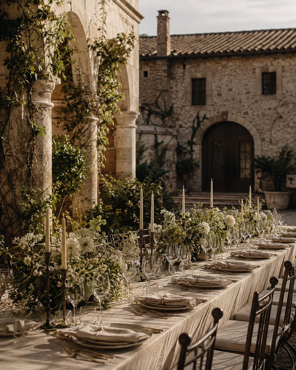 Outdoor dining table with white flowers, candles, glassware, and tableware in a stone courtyard