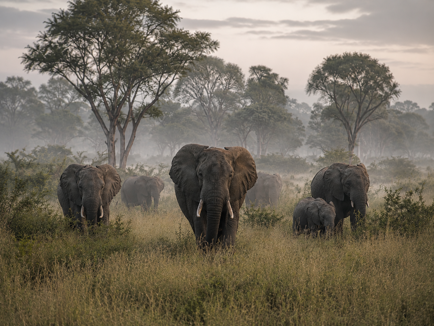 Elephants walking through a grassy landscape with trees and mist in the background