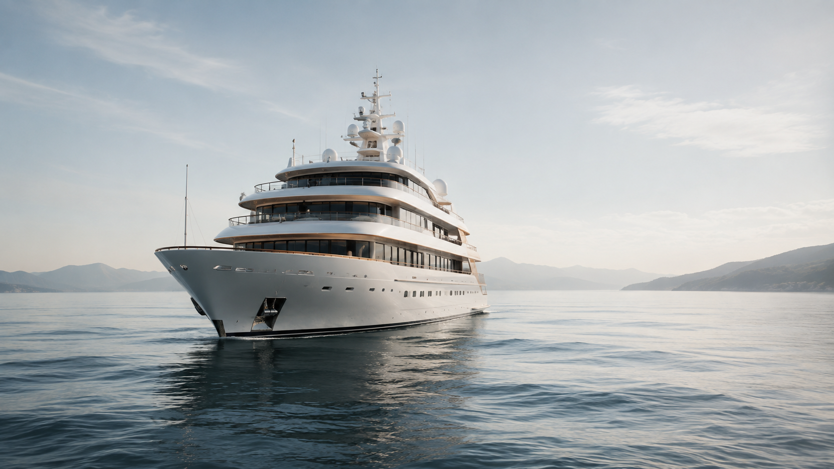 Large private yacht sailing on calm water with mountains in the background