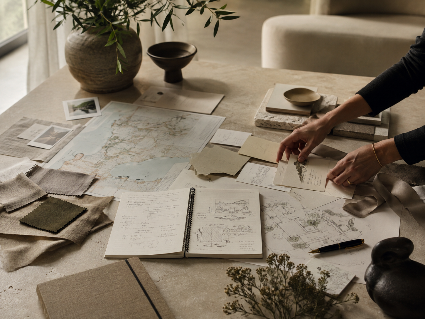 Hands arranging papers, sketches, maps, photographs, and fabric swatches for a bespoke private experience