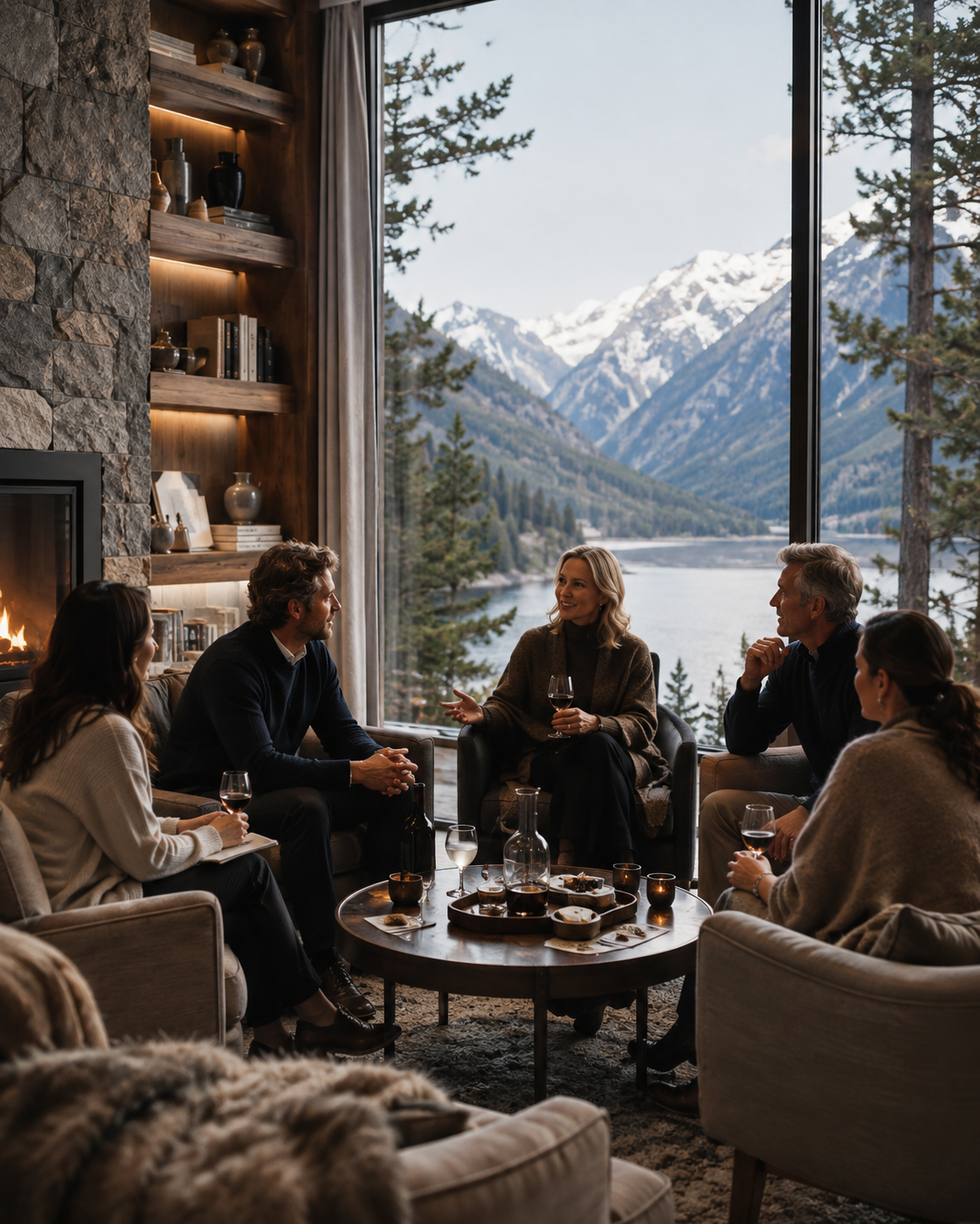 Private group gathered in a warm living room with mountain, lake, and forest views
