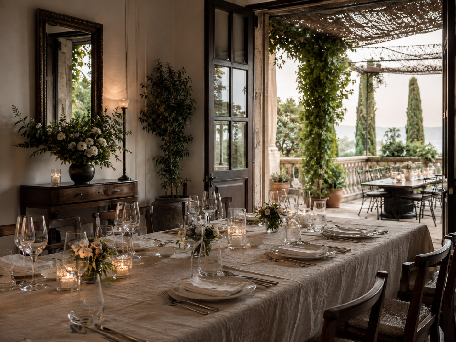 Elegant private dining table with floral arrangements, candles, glassware, and open doors leading to a terrace