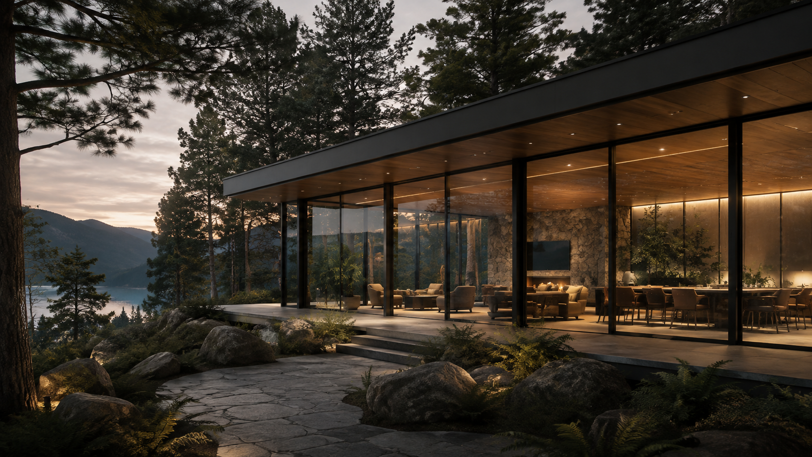 Modern glass residence with warm interior lighting surrounded by trees and mountain views at dusk