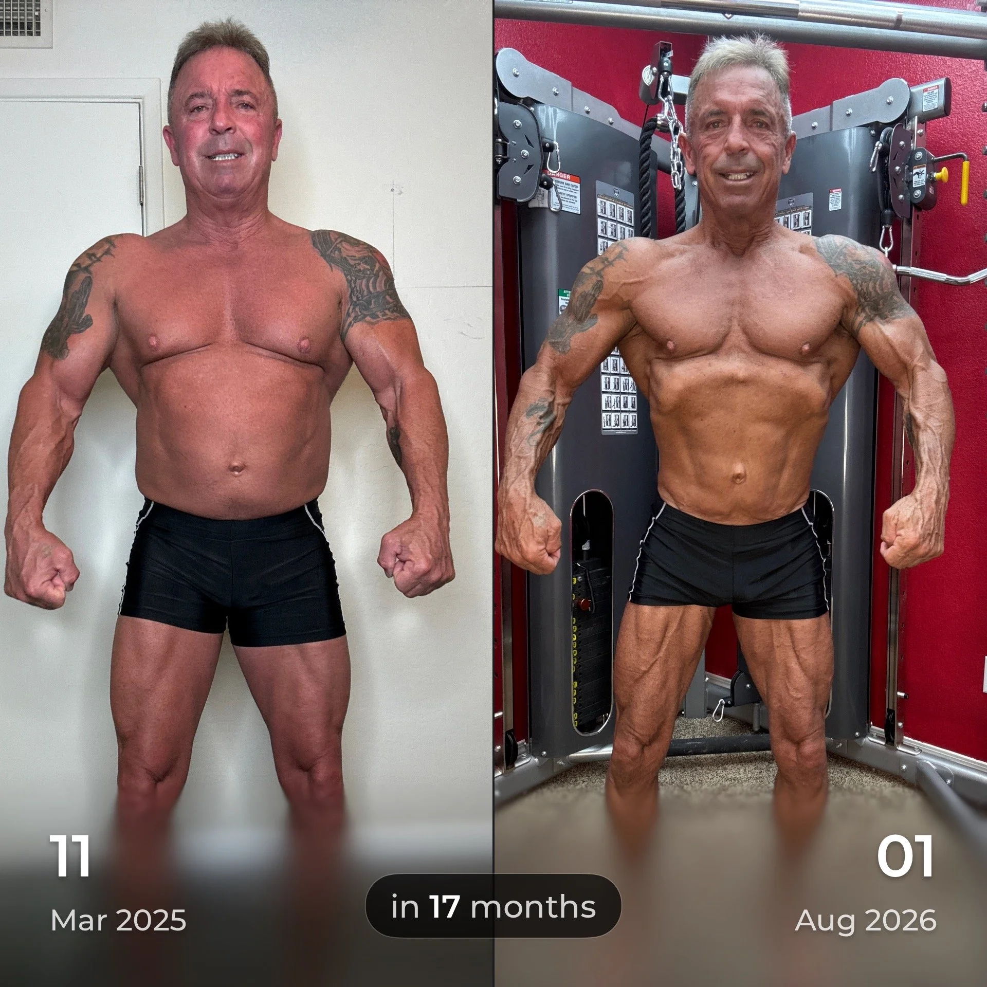 Comparison photo showing a naked man with tattoos before and after losing significant weight over 17 months. The left image is labeled March 2025, and the right image is labeled August 2026.