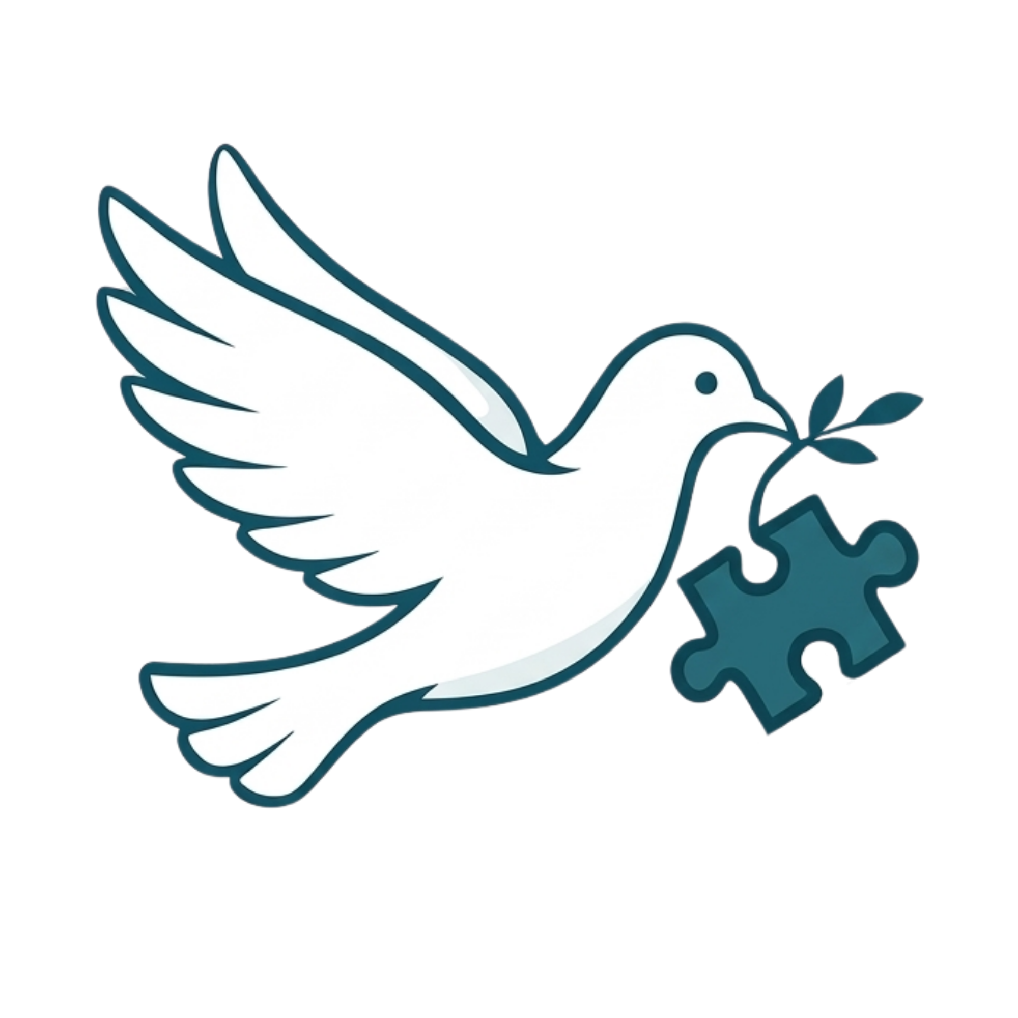 A stylized white dove holding an olive branch in its beak with blue outlines, and a gear symbol behind it, representing peace and industry.