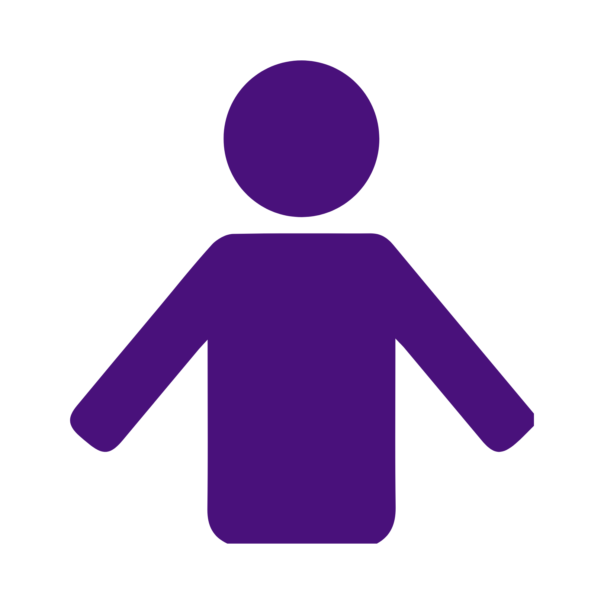 A stylized, minimalist illustration of a person with purple skin and no facial features, standing with arms extended to the sides, set against a black background.
