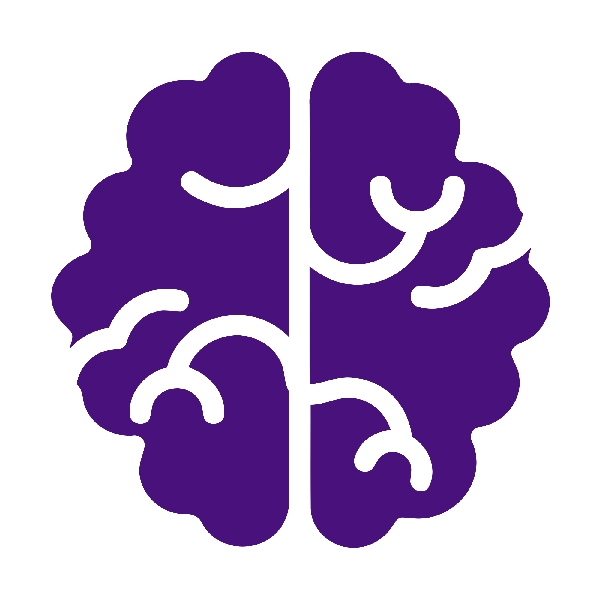 A stylized purple bausch of four interconnected shapes with black outlines on a black background.