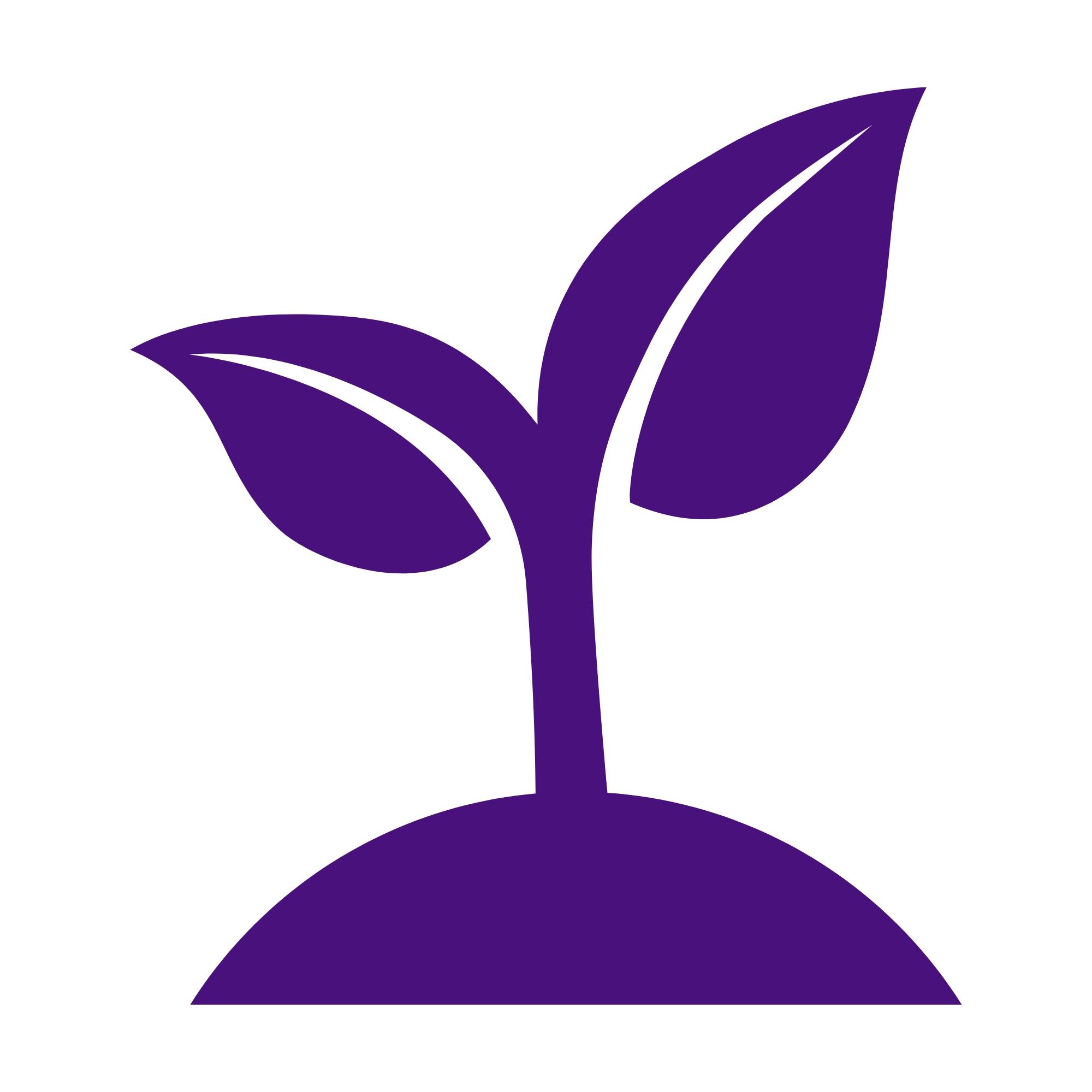 A minimalist, stylized purple and black graphic of a plant with two large leaves and a tall stem.