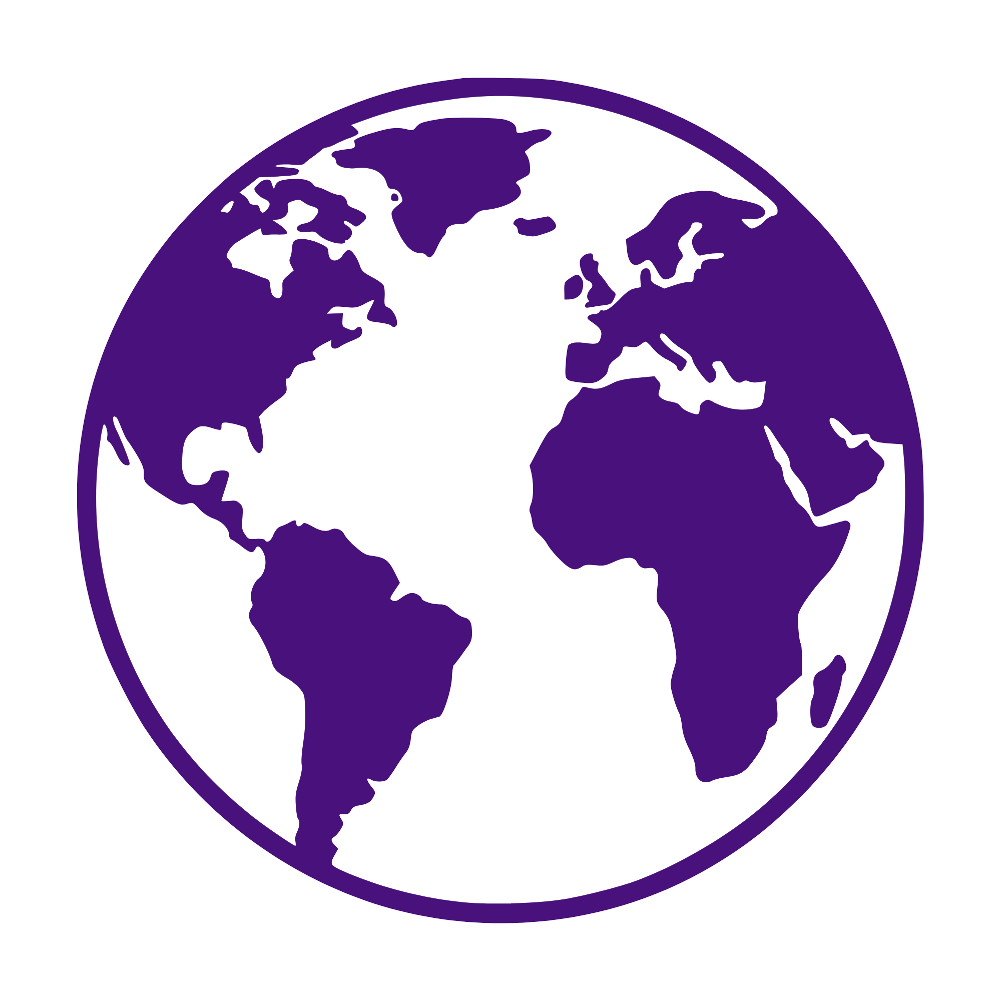A stylized purple globe with black landmasses on a black background.