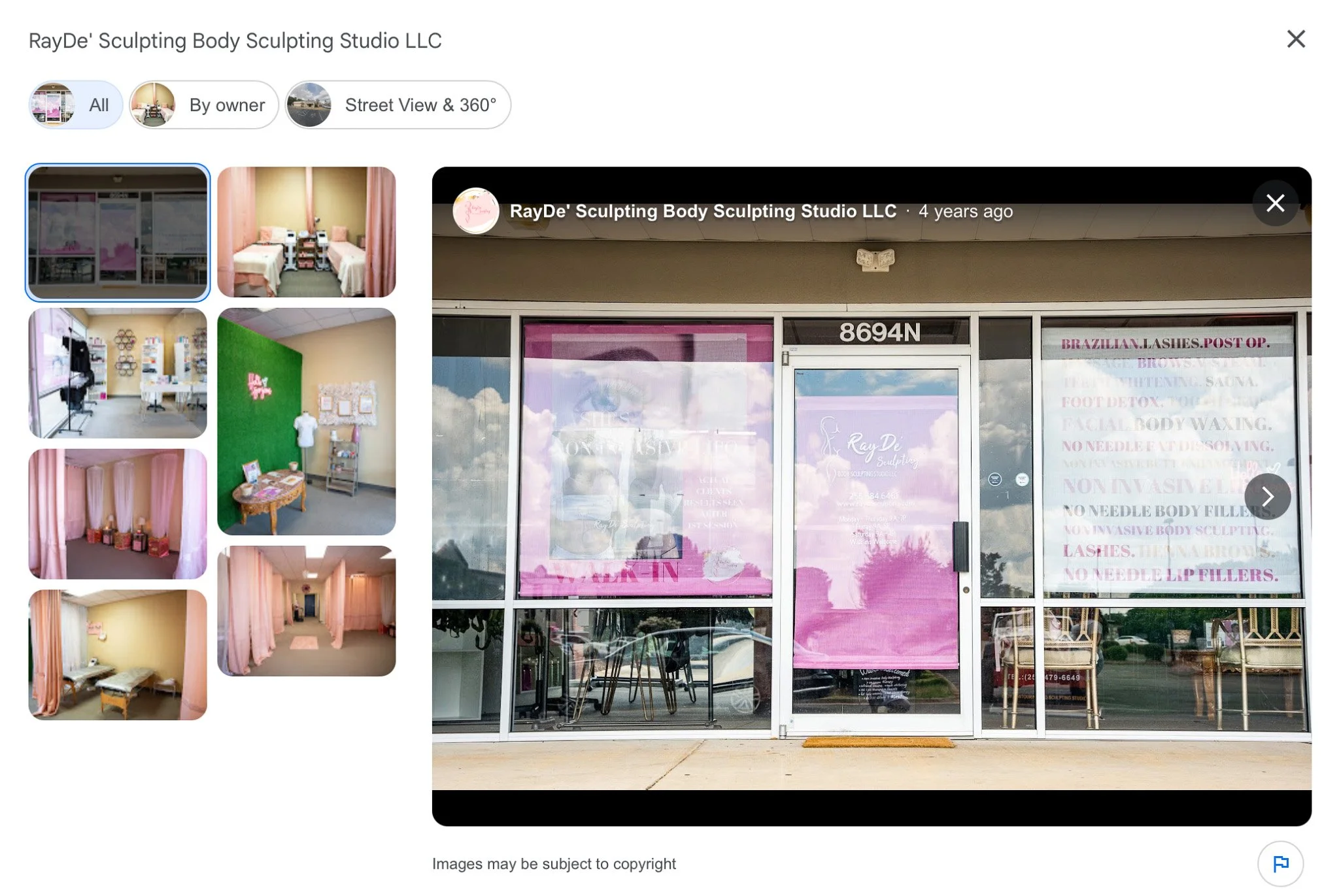 storefront with large glass windows, pink curtains, and signage indicating it is RayDe' Sculpting Body Sculpting Studio LLC.