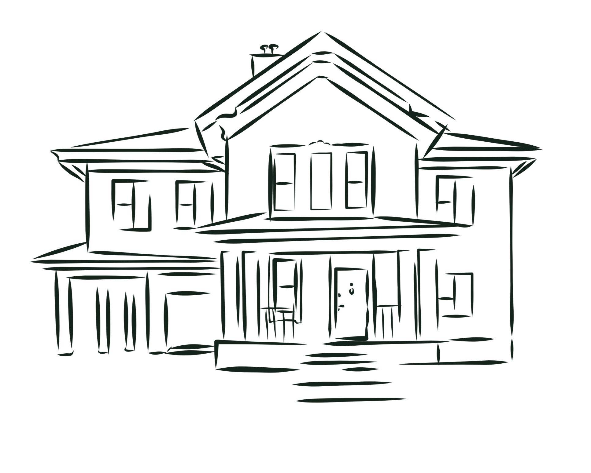 Line drawing of a house elevated on stilts with porch and stairs, featuring a gabled roof, chimney, and multiple windows.