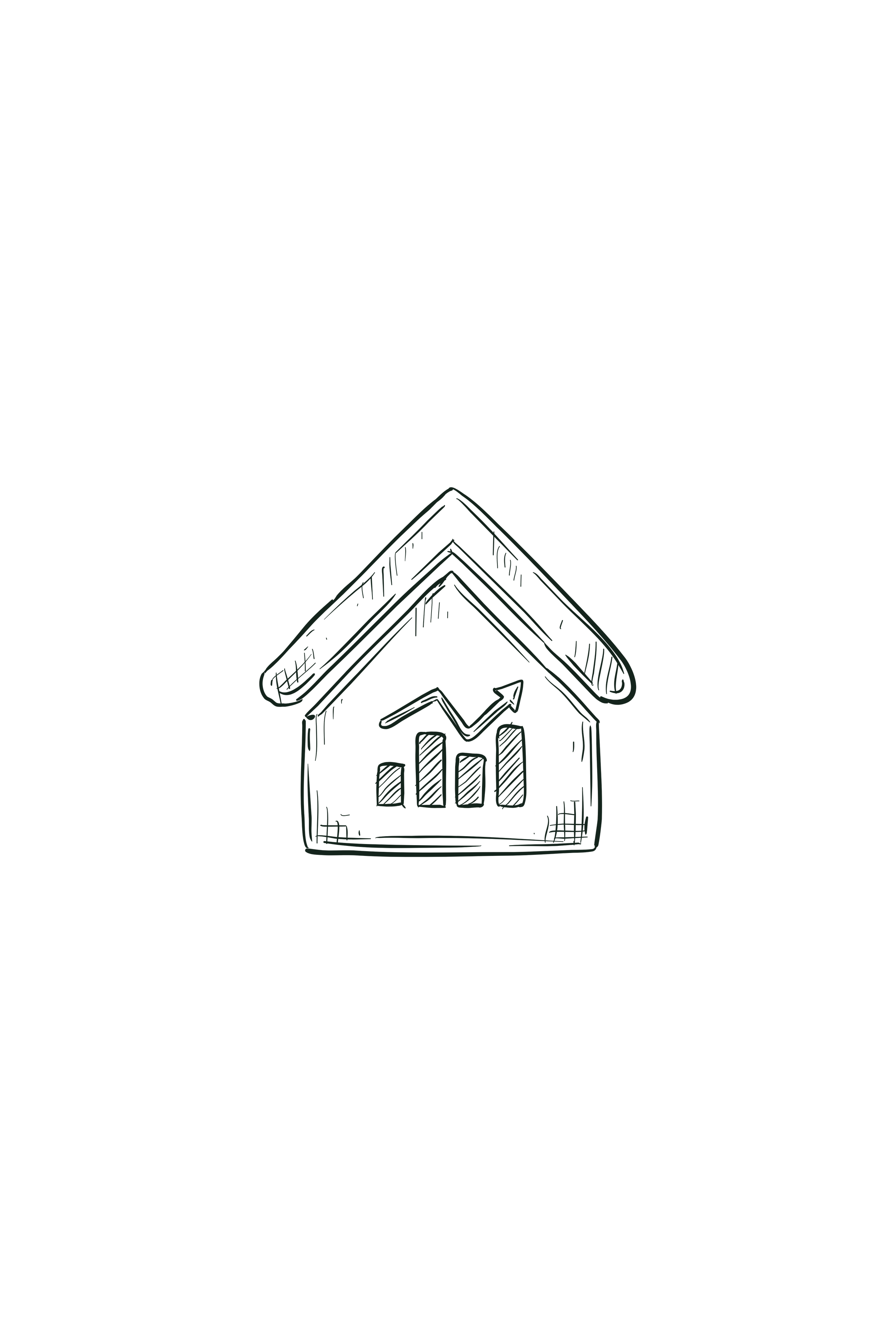 A hand-drawn illustration of a house with an upward trending graph inside it, symbolizing real estate growth or investment.