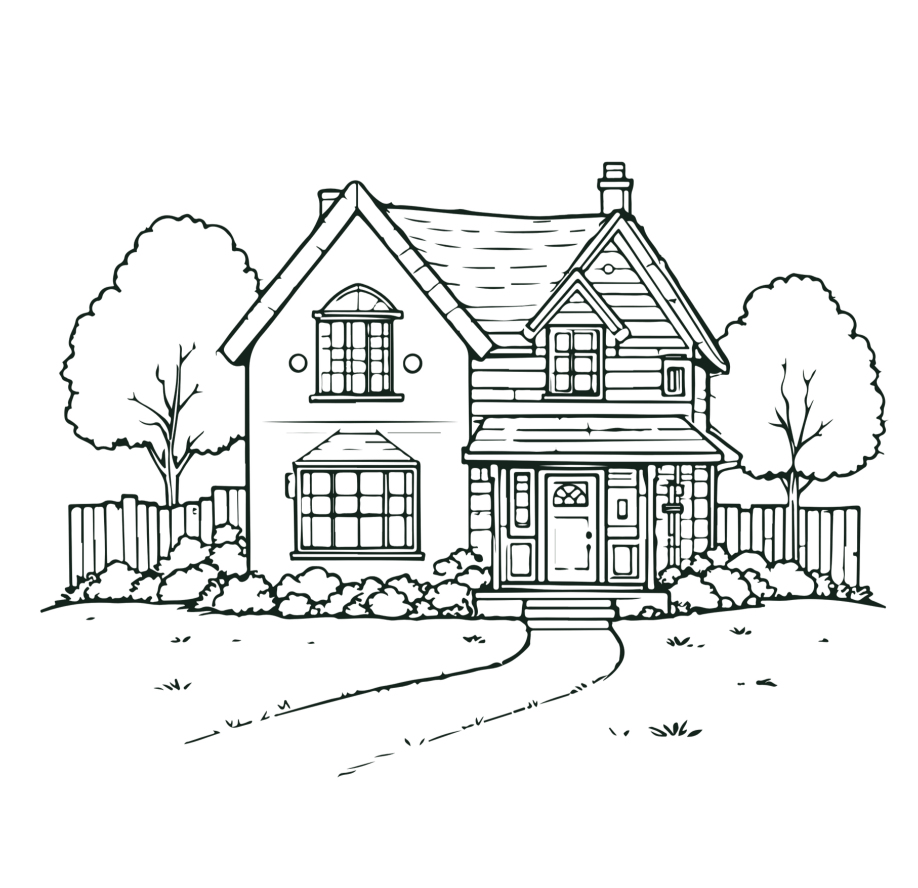 A line drawing of a large Victorian-style house surrounded by trees with a pathway leading to the front door.