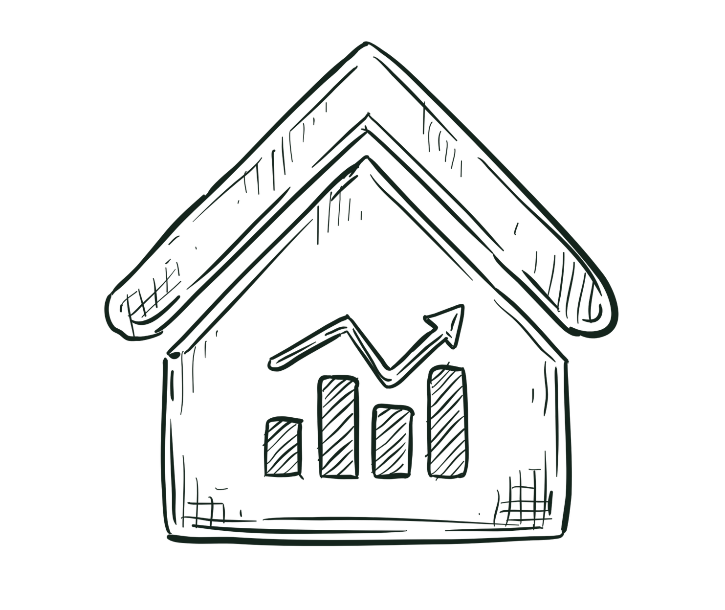 Hand-drawn house with a roof and walls, featuring a bar chart with an upward trend inside.