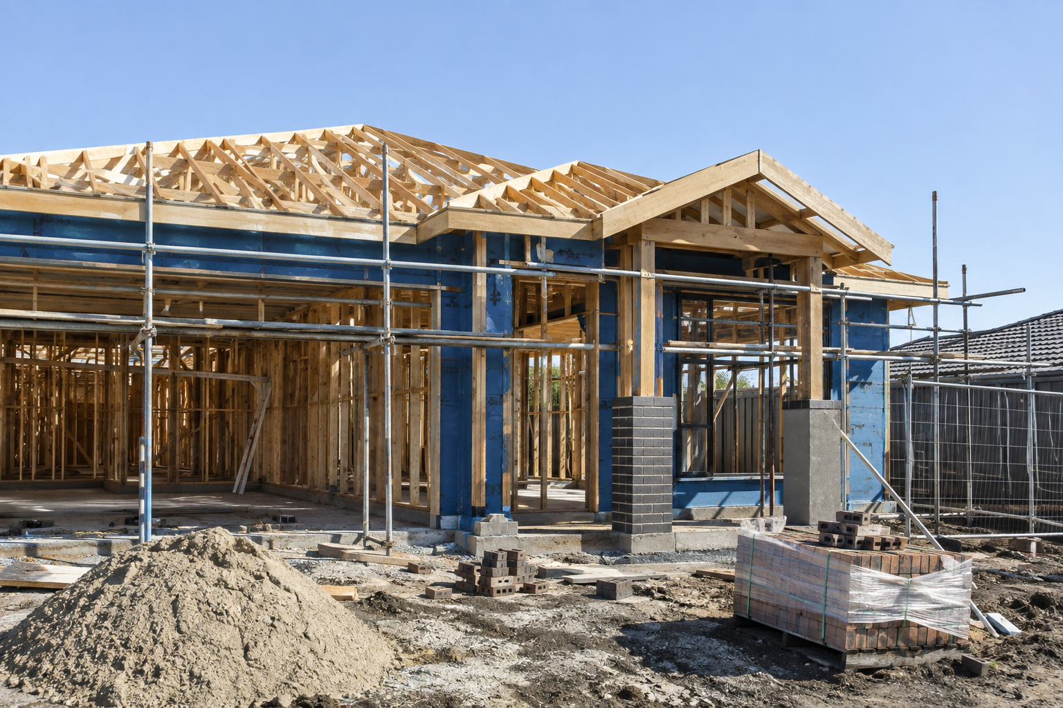 Warm editorial photograph of a contemporary Australian home under construction, accompanying a guide to construction loans
